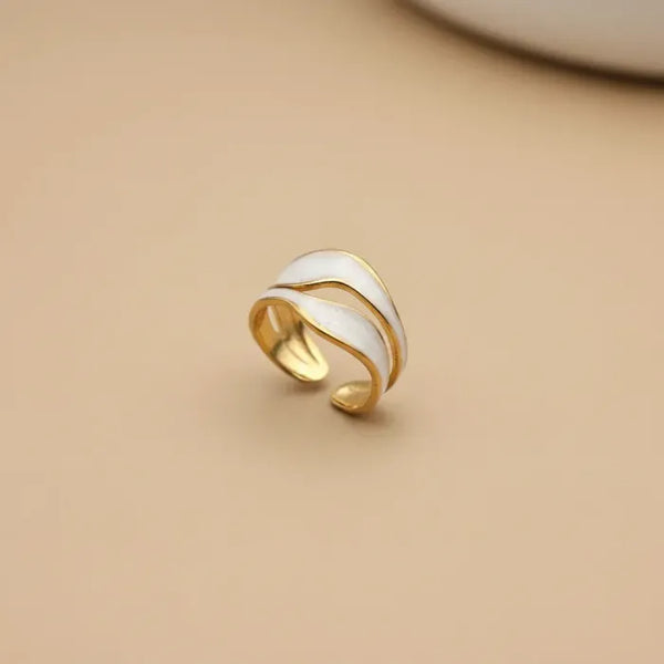 Gold Wave Ring with White Enamel