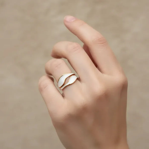 Gold Wave Ring with White Enamel